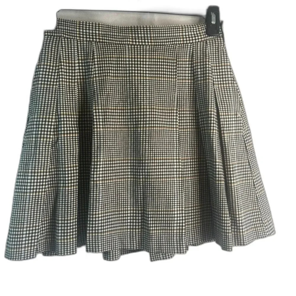 Free Assembly Pleated Neutral Plaid Cotton Skirt with Pockets Size 4